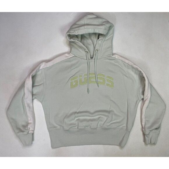 Guess Cropped Pullover Hoodie Women Small Pale Green White Colorblock Logo - Picture 1 of 6